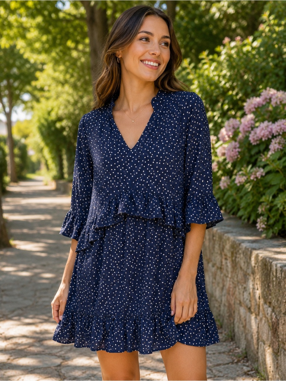 Navy Polka Dot Mini Dress with Ruffle Tiers